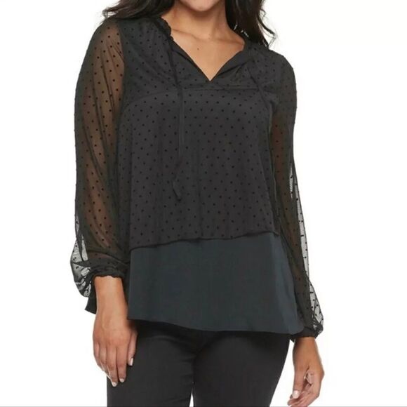 𝅺Juicy Couture Overlay Layered Top Womens Size Large Swiss Dot Black - Picture 1 of 7